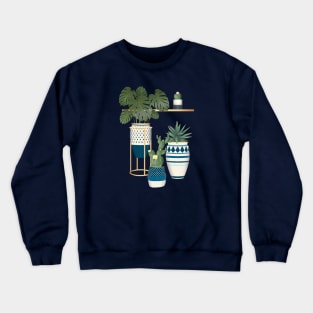 Blue Botanical Plants in White Blue Pots Crewneck Sweatshirt